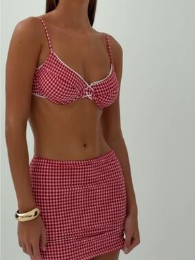 Red Gingham Ruffle Bikini top with matching coverup skirt Women Swim never worn